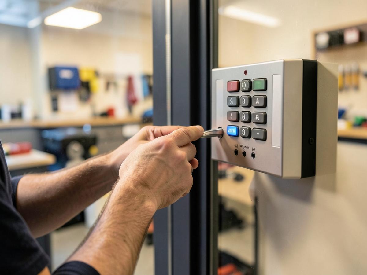 Technician installing a keypad access control panel on a commercial door